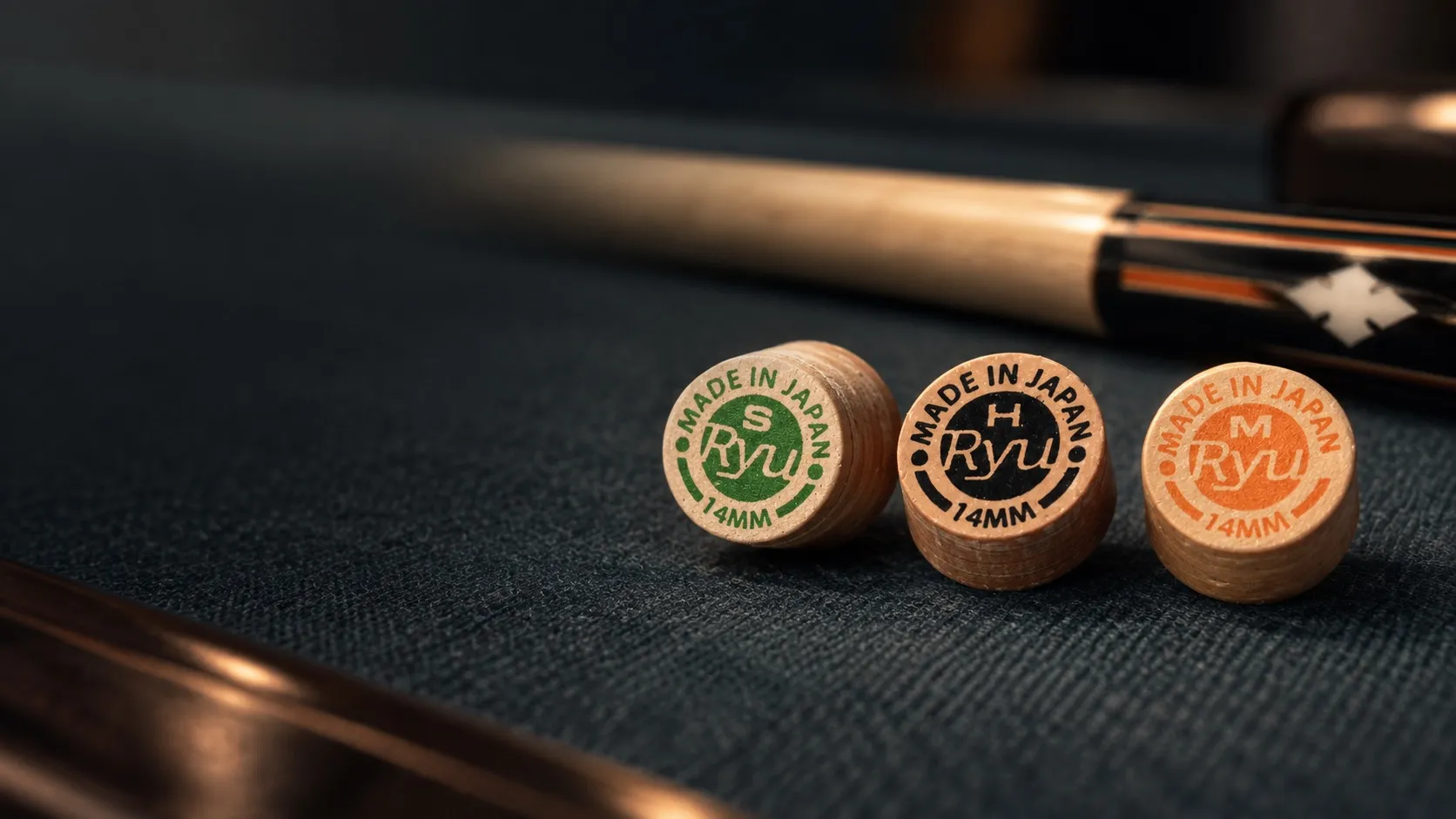 Three Ryu Tips marked H, M and S shown with a cue.