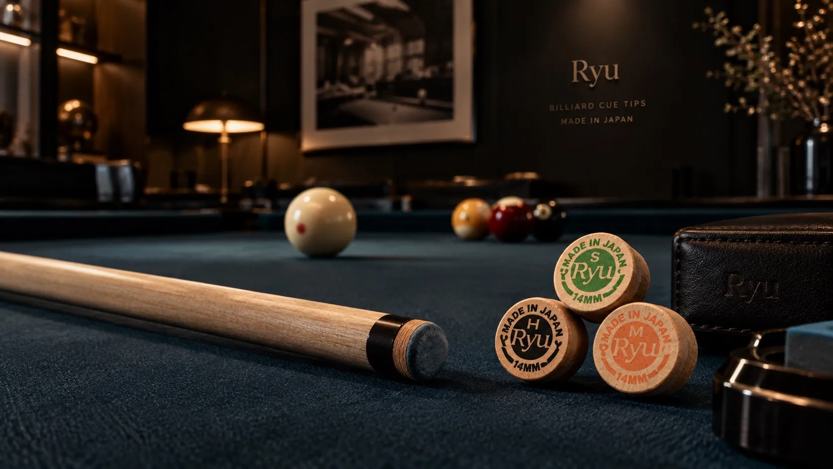 Ryu Tips H, M and S arranged in front of a cue and billiard balls.